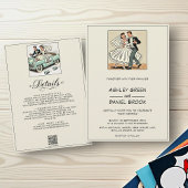 Romantische Whimsical Bride Groom 50er Comic Hochz Einladung