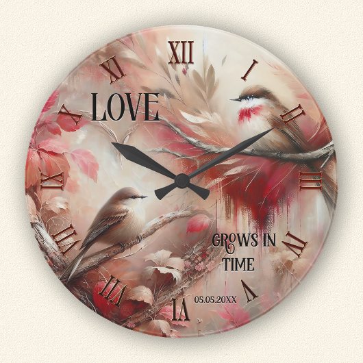 Romantische Whimsical Love Birds Runde Wanduhr