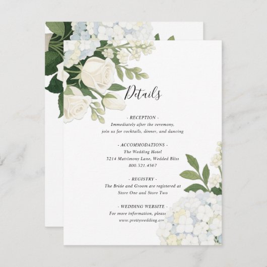 Romantische White Hydrangea Rose Elegante Hochzeit Begleitkarte (Vorne/Hinten)