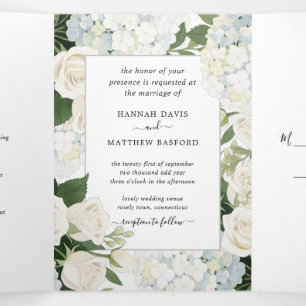 Romantische White Hydrangea Rose Elegante Hochzeit Dreifach Gefaltete Einladung