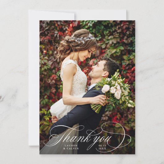 Romantische White Script 2 Foto Hochzeit Dankeskarte (Vorderseite)