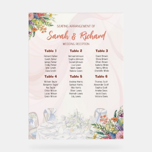 Romantische Wildblume Hochzeitstabelle Acrylschild (Vorderseite)