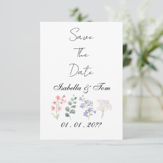 Romantische Wildblumen-Botanik-Hochzeit Save the Date (Stehend Vorderseite)