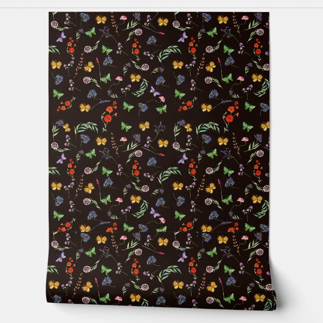 Romantische Wildblumen und Schmetterlinge schwarz Tapete (Abrollen)