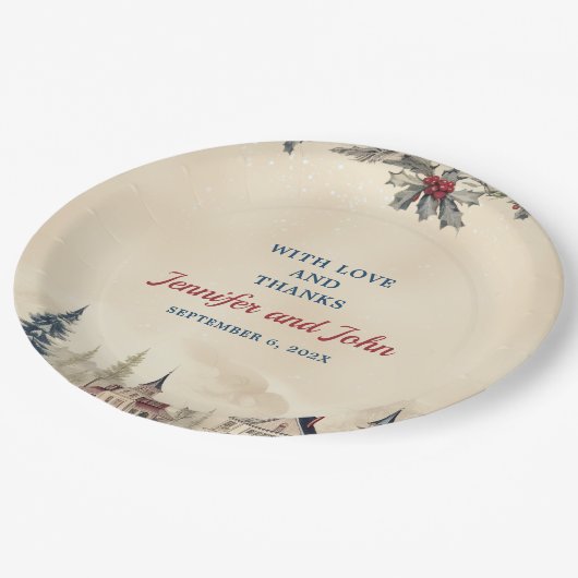 Romantische Winterhochzeit Pappteller (Schrägansicht)