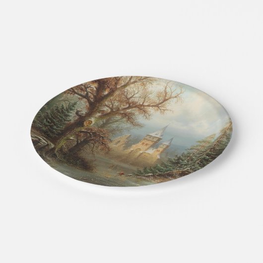 Romantische Winterlandschaft mit Eis-Skatern Pappteller (Schrägansicht)