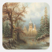 Romantische Winterlandschaft mit Eis-Skatern Quadratischer Aufkleber (Vorderseite)
