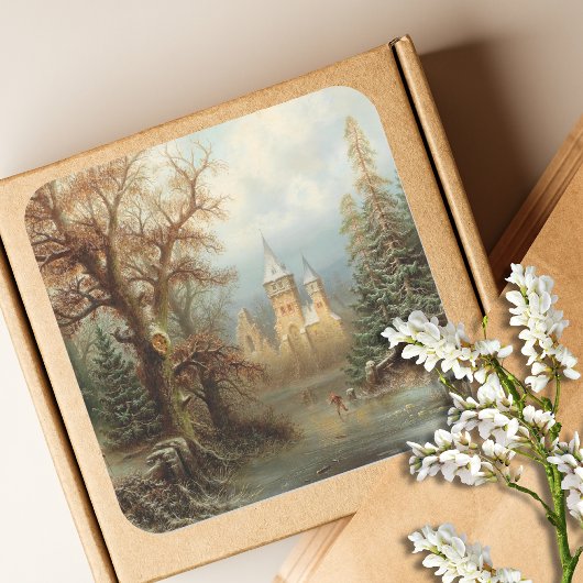 Romantische Winterlandschaft mit Eis-Skatern Quadratischer Aufkleber