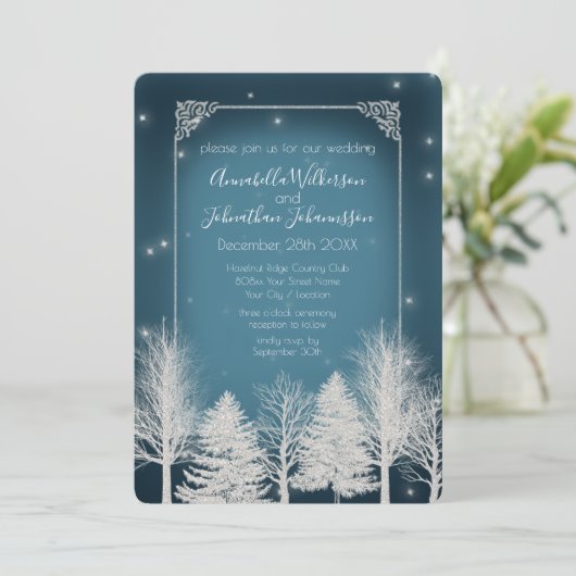 Romantische Winternacht im Navy Blue & White Glitz Einladung (Stehend Vorderseite)