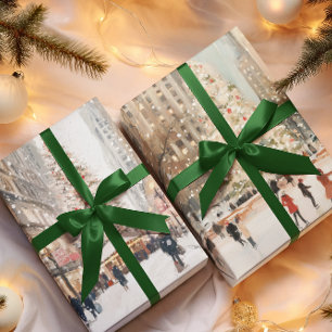 Romantische Winterstadtlandschaft Eislaufen Geschenkpapier Set