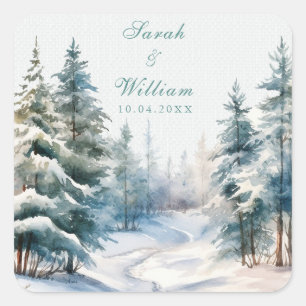 Romantische Winterwald-Hochzeit  Quadratischer Aufkleber