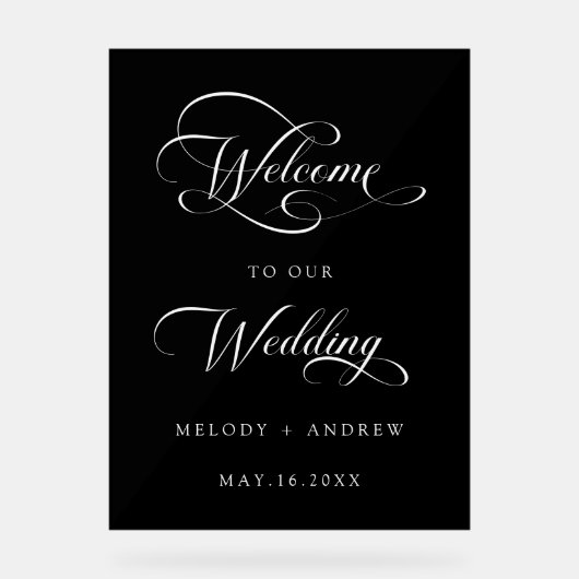 Romantische Wirble Script Hochzeit Willkommen Schw Acrylschild (Vorderseite)