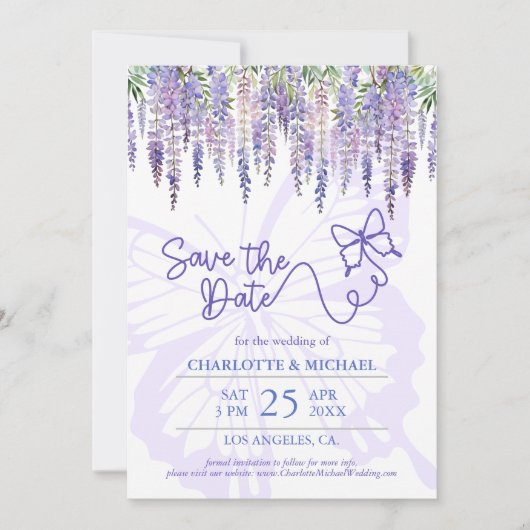 Romantische Wisteria & Butterfly Garden Hochzeit Save The Date (Vorderseite)