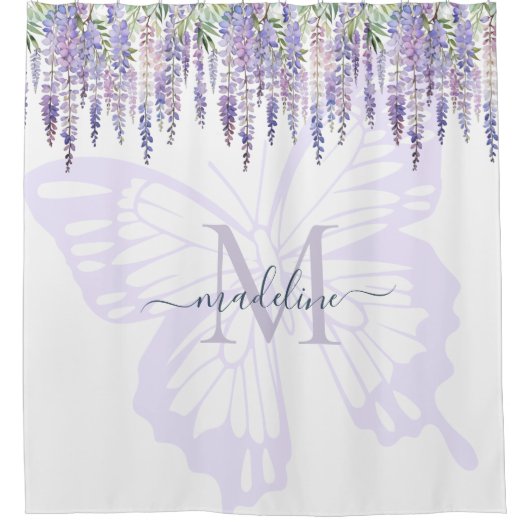 Romantische Wisteria & Butterfly Monogramm Name Duschvorhang (Vorderseite)