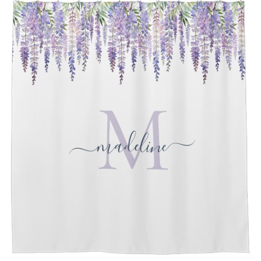 Romantische Wisteria Floral Monogram Script Name Duschvorhang (Vorderseite)