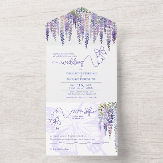 Romantische Wisteria Garden Hochzeit mit Menü All In One Einladung (Innen Boden)