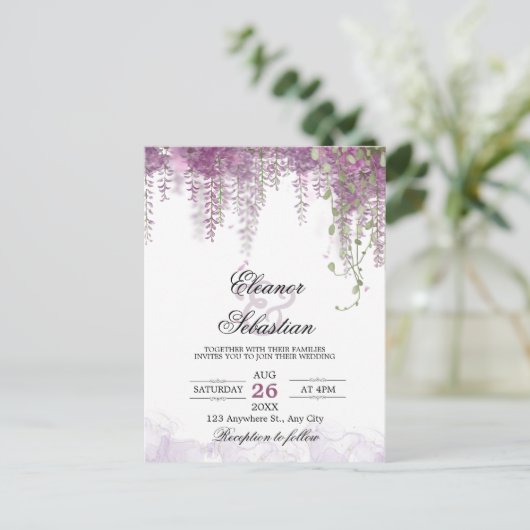 Romantische Wisteria Lila QR Code Wedding Postkarte (Stehend Vorderseite)
