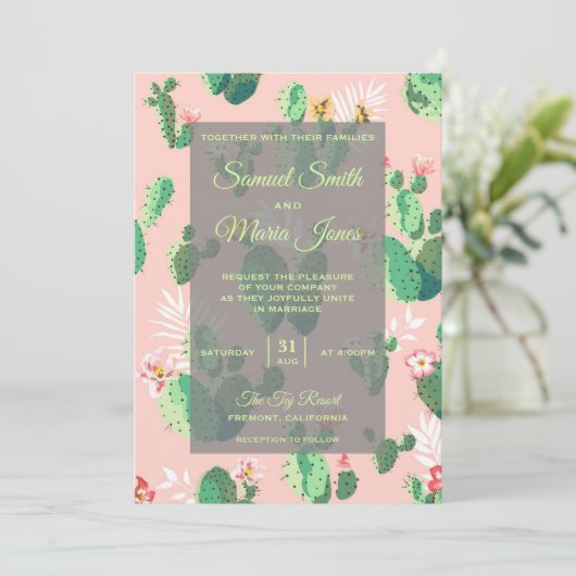 Romantische Wüstenflorenkaktus für Hochzeiten Einladung (Stehend Vorderseite)