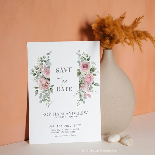 Romantische zeitlose Pfingstrosen Eukalyptus Hochz Save The Date