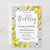 Romantische Zitronen und blaue Tiles Wedding Einla Einladung (Vorderseite)