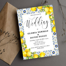 Romantische Zitronen und blaue Tiles Wedding Einla Einladung