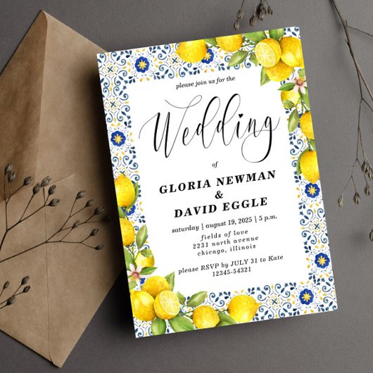 Romantische Zitronen und blaue Tiles Wedding Einla Einladung