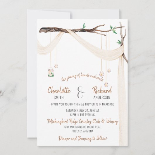 Romantische Zweigstelle mit Drape und Mason Jar Li Einladung (Vorderseite)