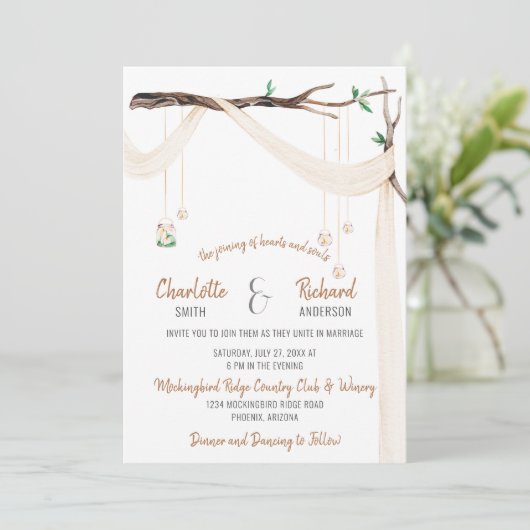 Romantische Zweigstelle mit Drape und Mason Jar Li Einladung (Stehend Vorderseite)