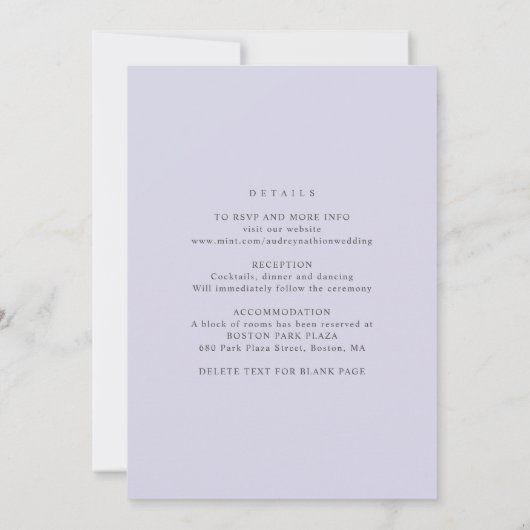 Romantischer Aquarelllavender mit Details Hochzeit Einladung (Rückseite)