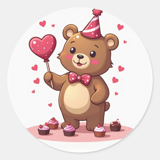 Romantischer Bär mit herzförmigen Lollipop Runder Aufkleber (Vorderseite)