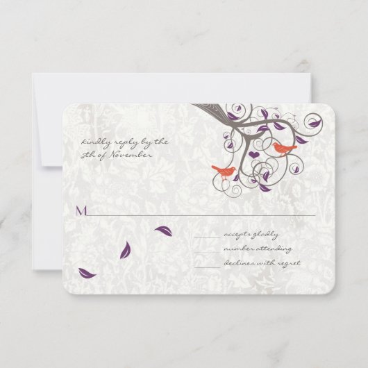 Romantischer Baum Swirl Lovebirds Wedding RSVP (Vorderseite)