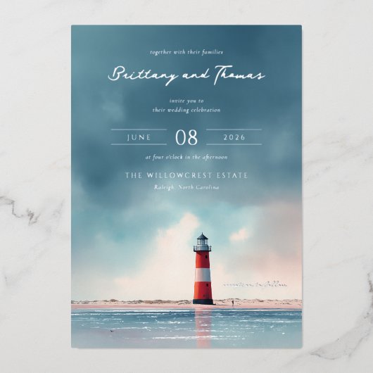 Romantischer blauer rosa Leuchtturm Folieneinladung (Vorderseite)