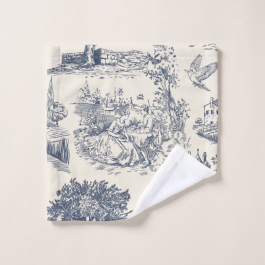 Romantischer Blue Toile de Jouy im französischen L Badhandtuch Set (Waschlappen)