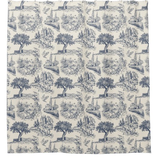 Romantischer Blue Toile de Jouy im französischen L Duschvorhang (Vorderseite)