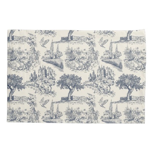 Romantischer Blue Toile de Jouy im französischen L Kissenbezug (Rückseite-Links)