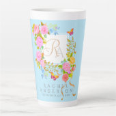 Romantischer blühender Garten Monogramm Blau Latte Milchtasse (Vorderseite)