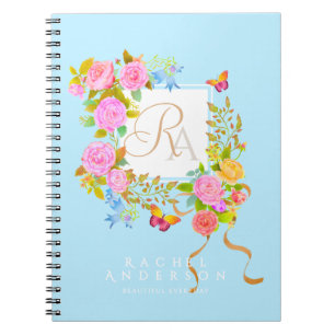 Romantischer blühender Garten Monogramm Blau  Notizblock