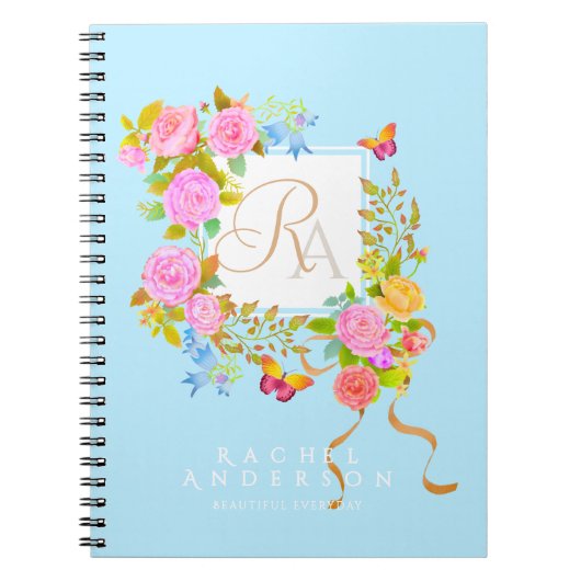 Romantischer blühender Garten Monogramm Blau Notizblock (Vorderseite)