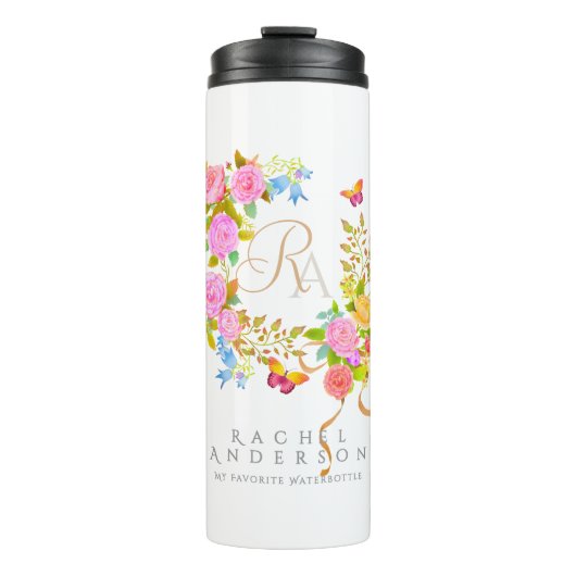 Romantischer blühender Garten-Monogramm Thermosbecher (Vorderseite)