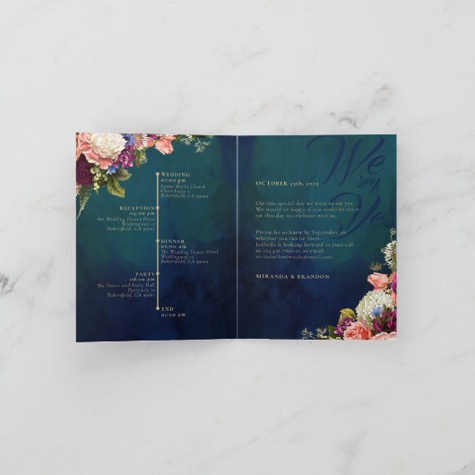 Romantischer Blumenstrauß Emerald Green Gold Hochz Einladung (Innenseite)