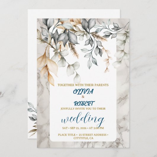 Romantischer blumenweißer, sanfter blauer Marmor Einladung (Vorne/Hinten)