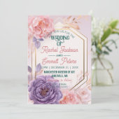 Romantischer Blush Pink Blauer Hochzeitsgold Rahme Einladung (Stehend Vorderseite)