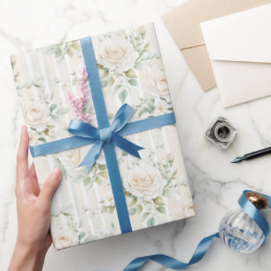 Romantischer Blush Weiße Rosen Florale Streifen Ho Geschenkpapier