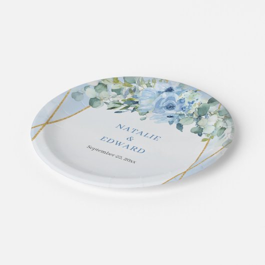 Romantischer Blüteneukalyptus und Goldrahmen Pappteller (Schrägansicht)