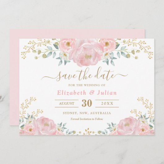 Romantischer Blütenweich Rosa Goldblume Save the D Einladung (Vorne/Hinten)