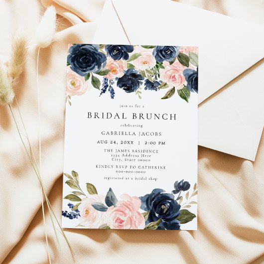 Romantischer Brunch & Sweet Navy Blush Bloral Brid Einladung