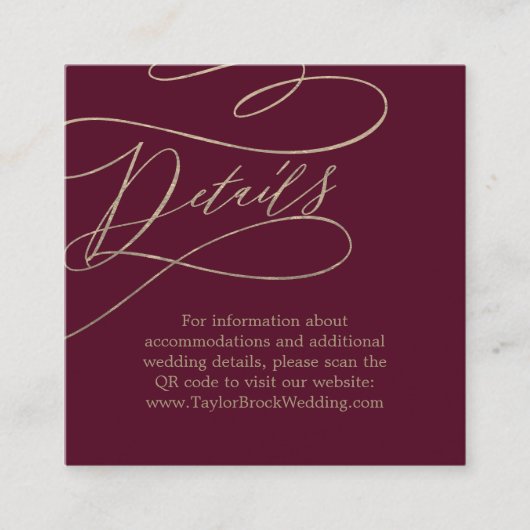 Romantischer Burgund QR Code Hochzeitdetails Begleitkarte (Vorderseite)
