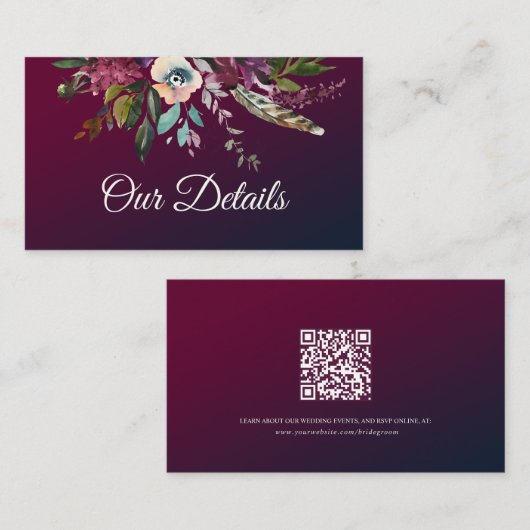 Romantischer Burgunder Blumenzettel - QR-Code Begleitkarte (Vorne/Hinten)