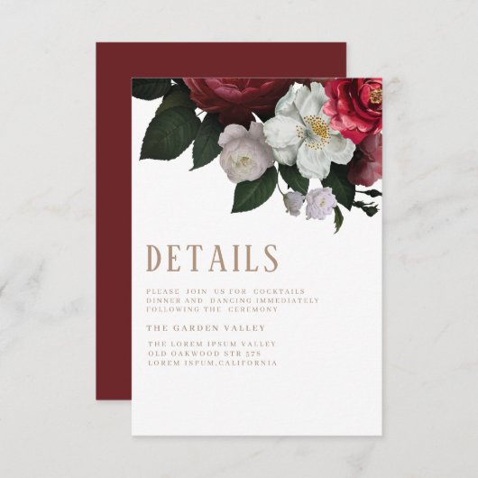 Romantischer Burgunder-Maroon Hochzeitsdetails Begleitkarte (Vorne/Hinten)