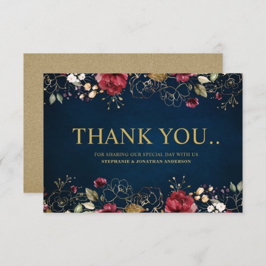 Romantischer Burgunder Wasserfarbe Rote Navy Gold  Dankeskarte (Vorne/Hinten)